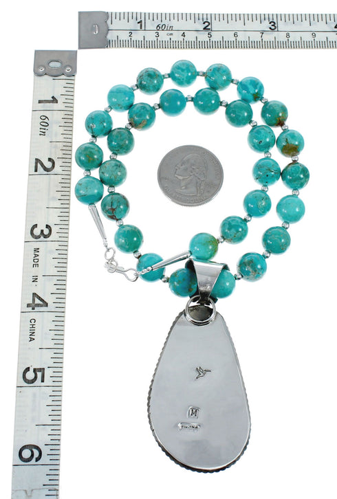 Navajo Turquoise Sterling Silver Bead Necklace And Pendant Set AX129500